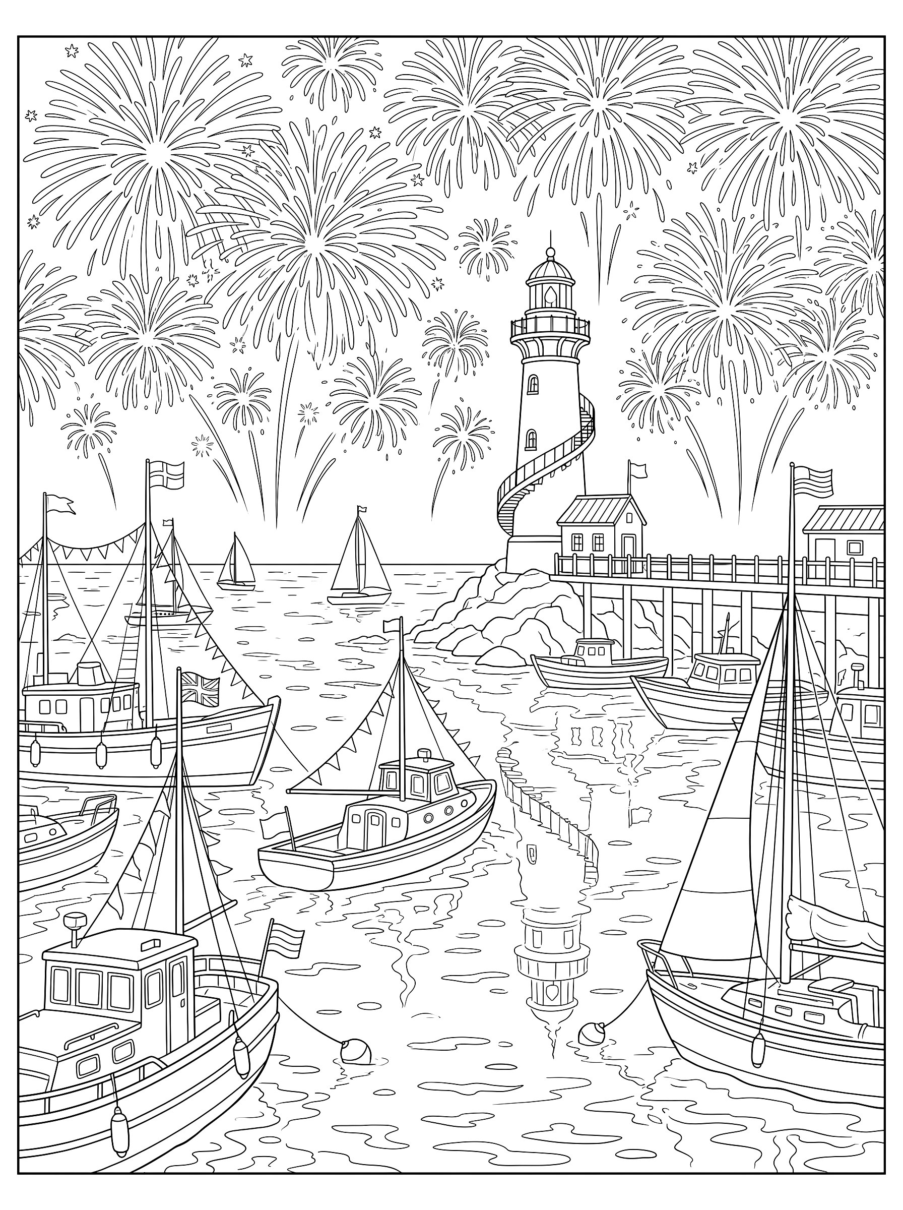 Fireworks over the harbor coloring page to print