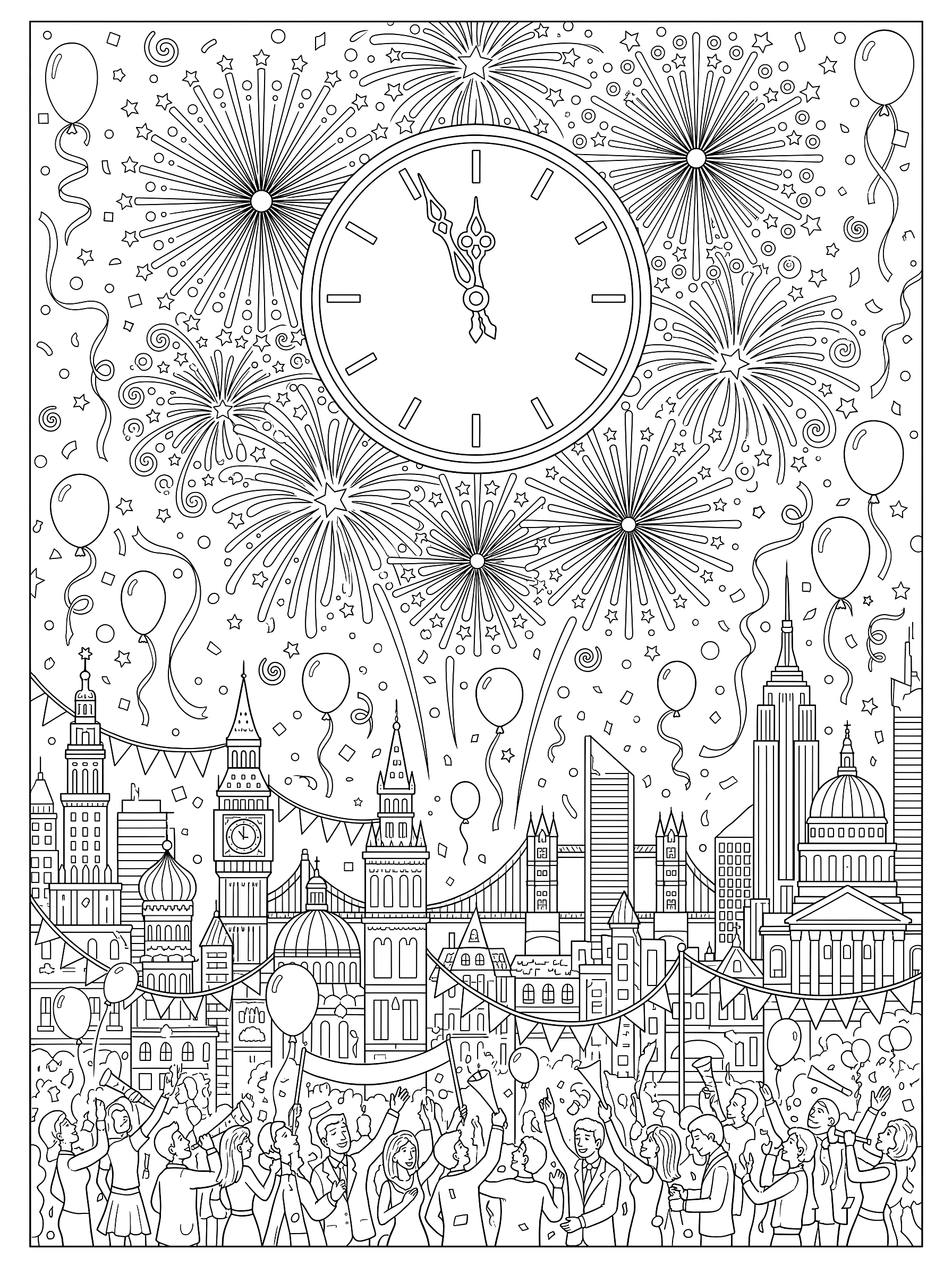 New Year night coloring page to print