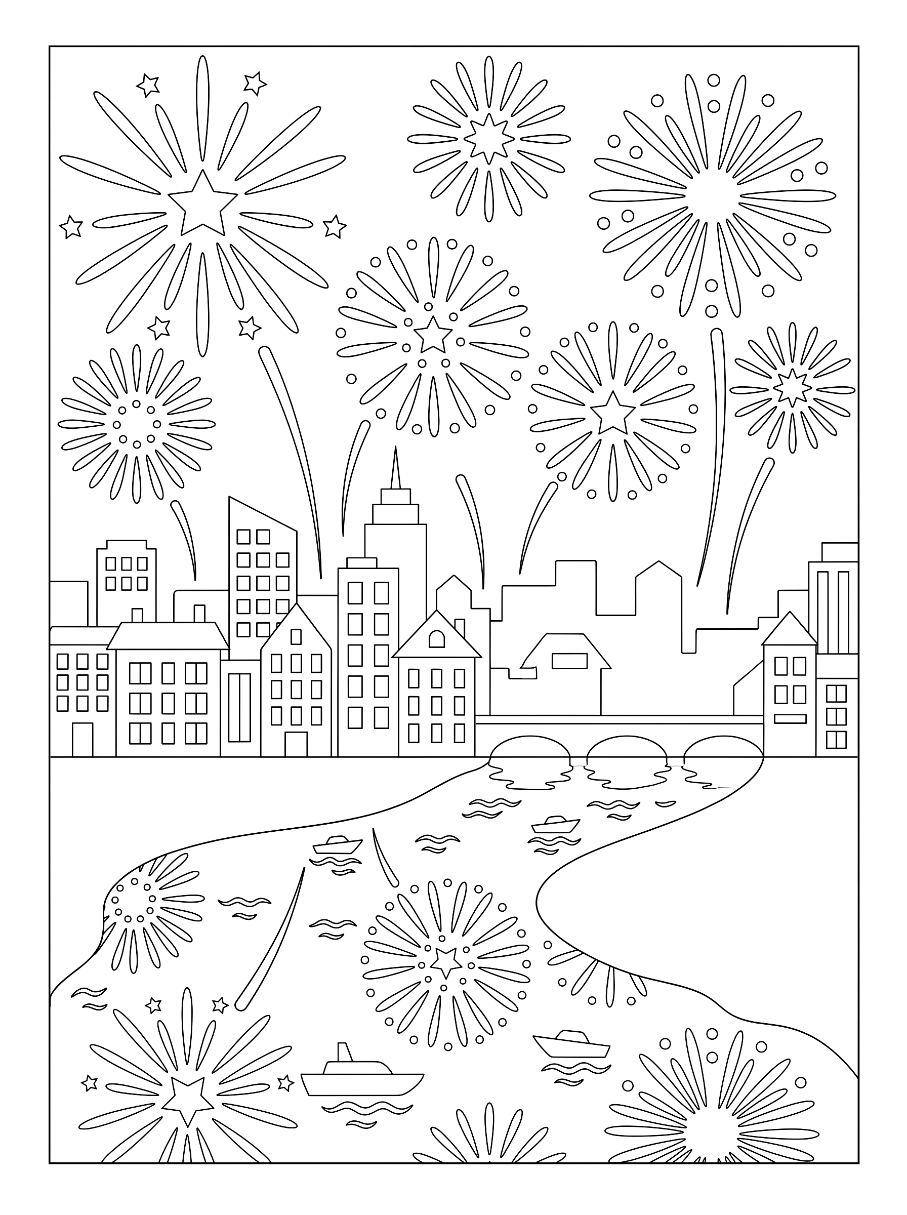 Fireworks over the city coloring page to print