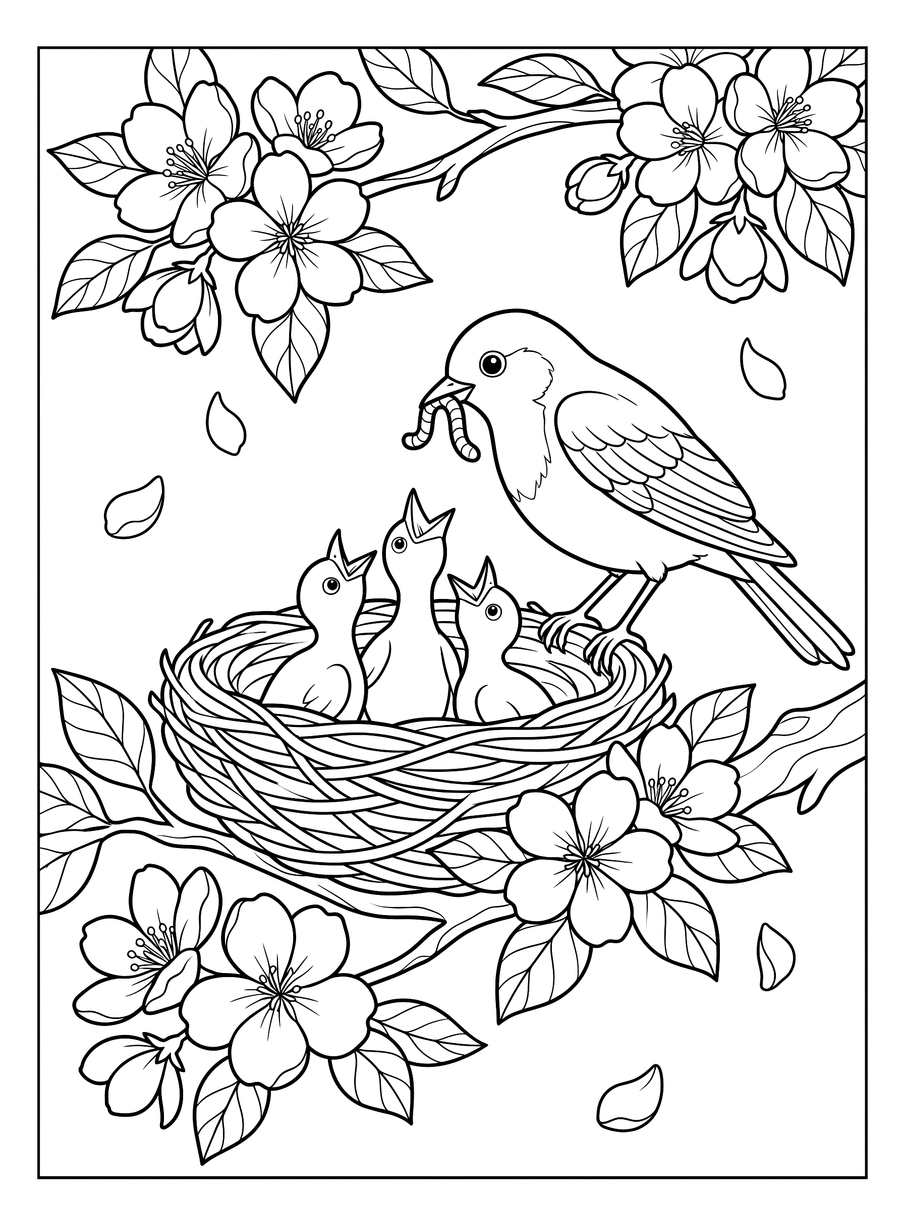 Birds in the nest coloring page to print