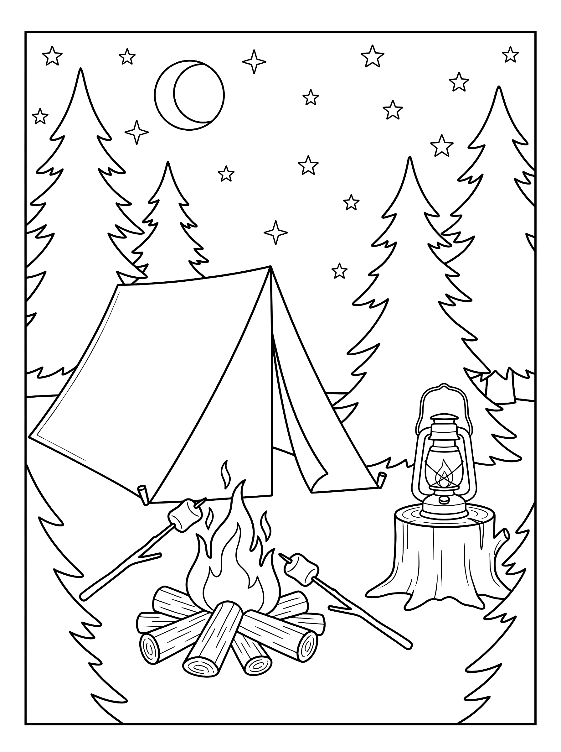 Camping night coloring page to print