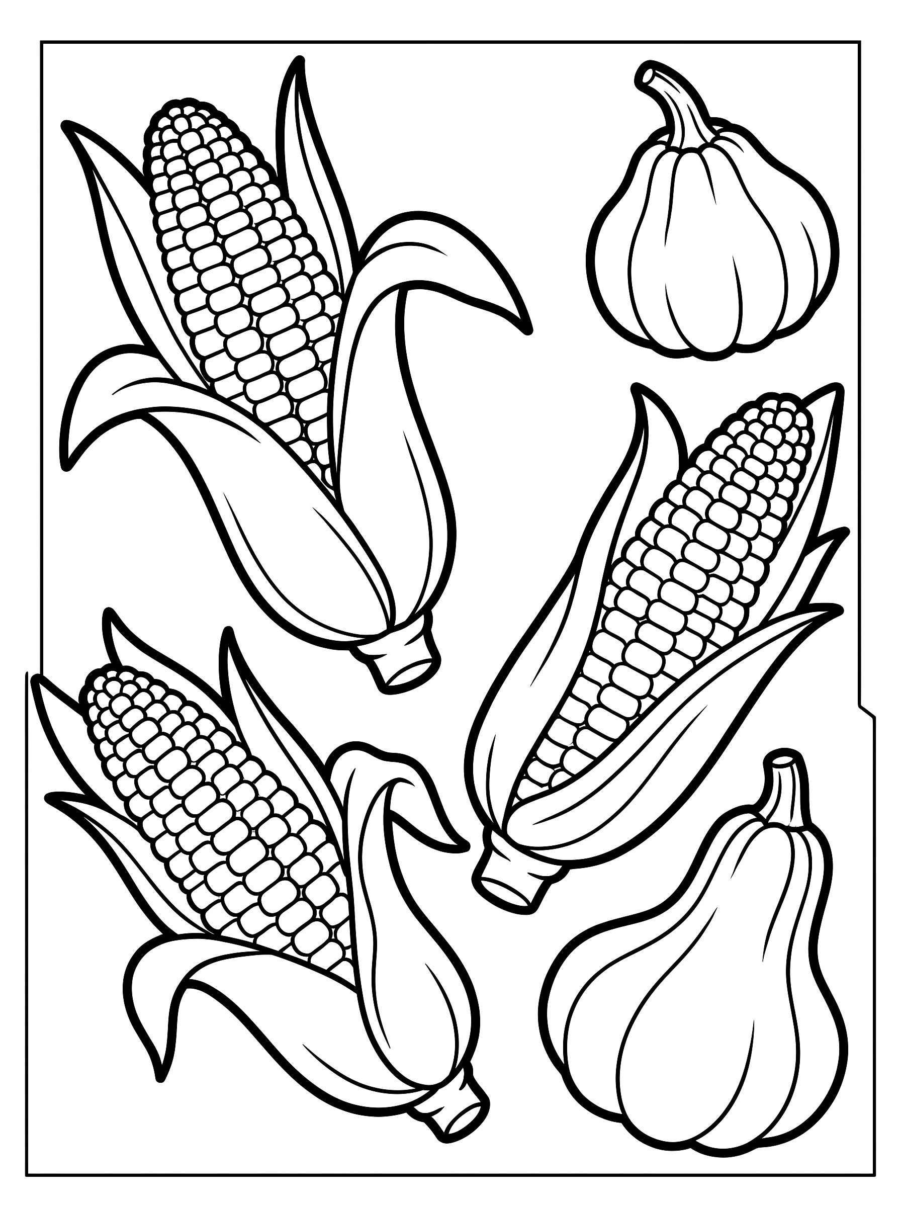 Corn and gourds coloring page to print