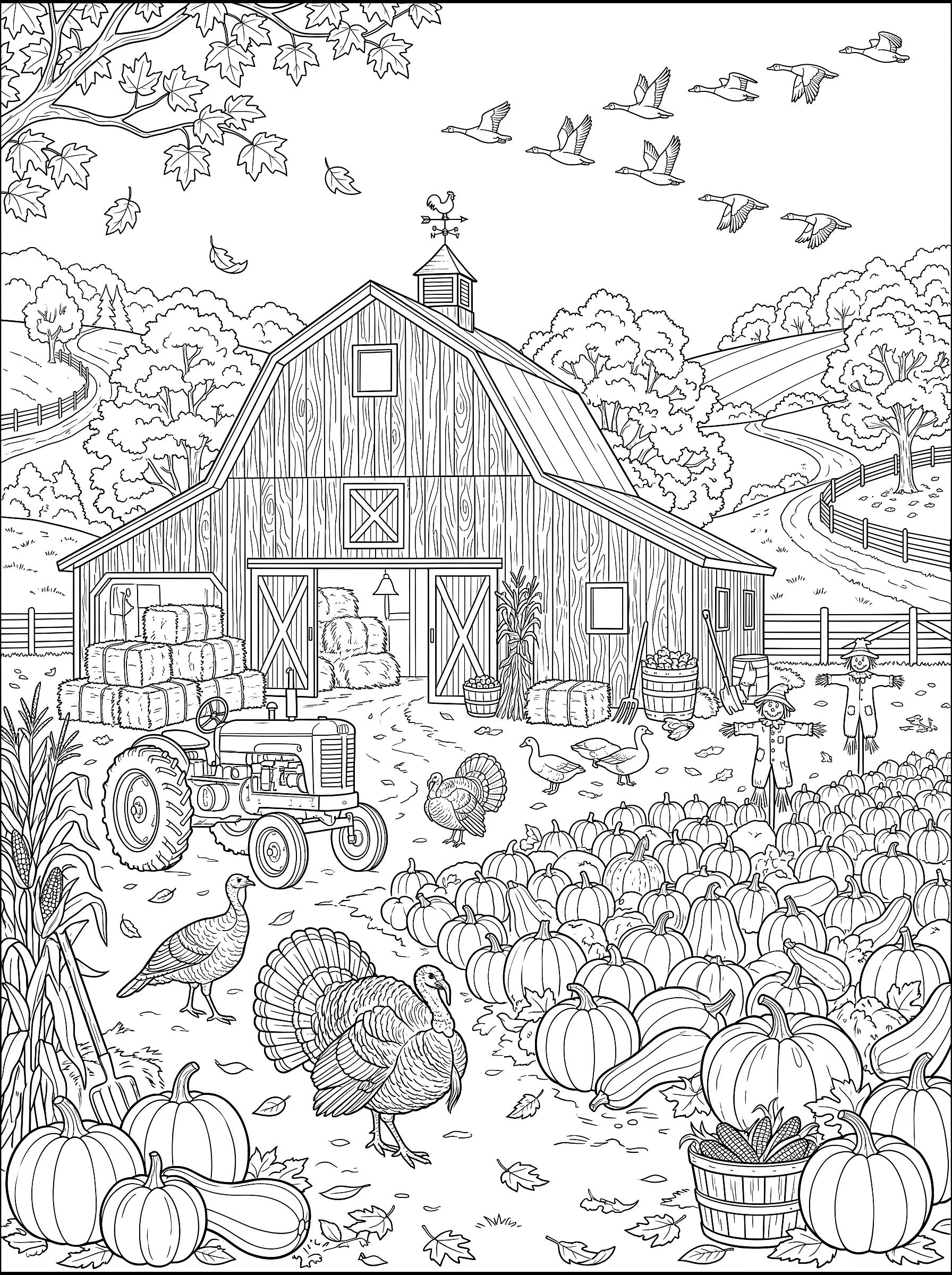 Autumn farm coloring page to print