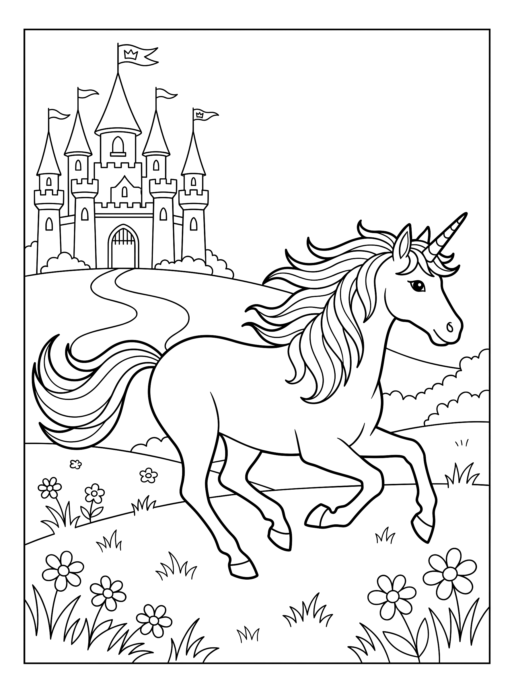 Unicorn at the castle coloring page to print