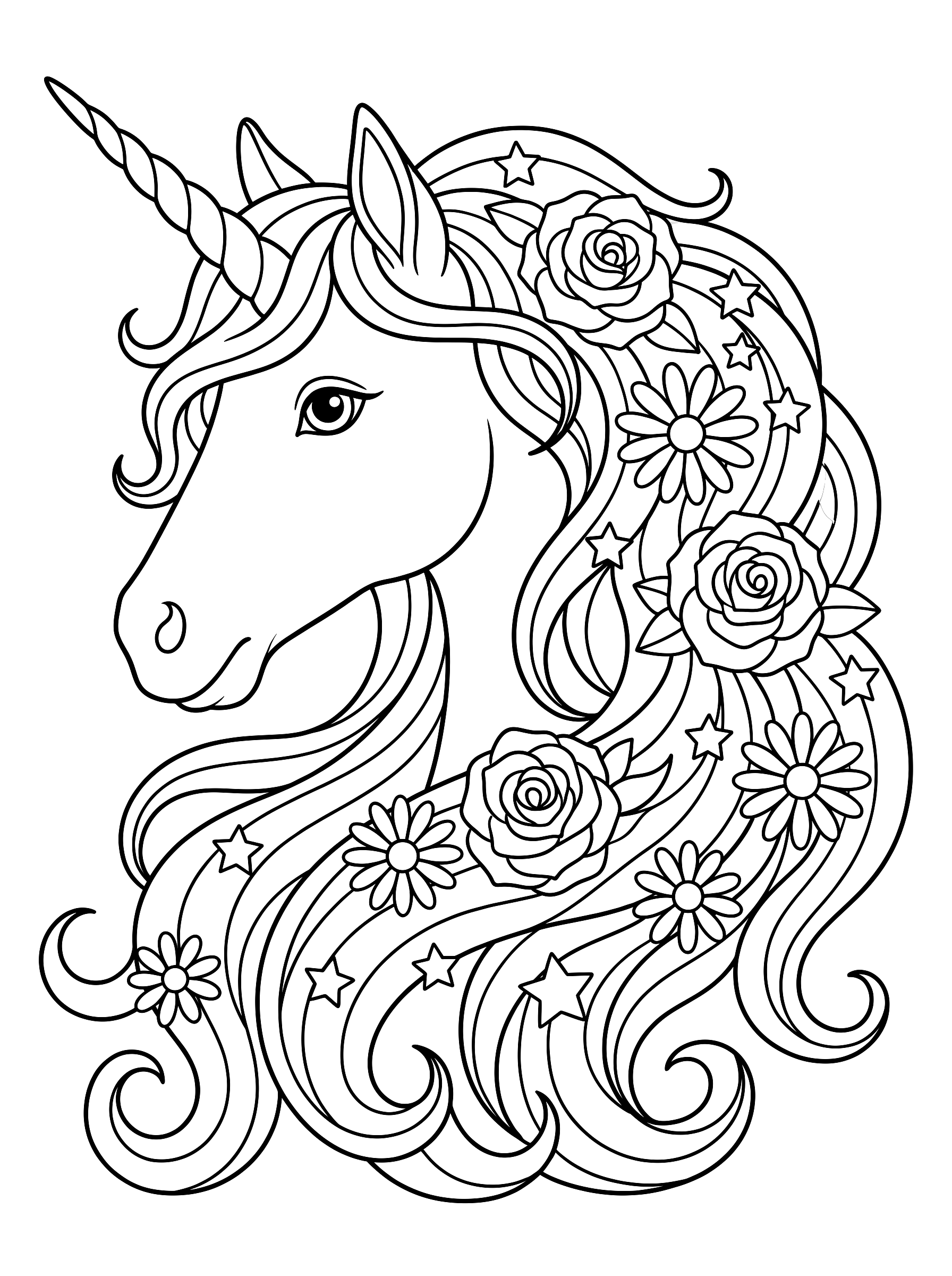 Unicorn with a flower mane coloring page to print