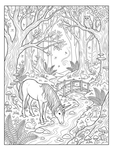 Enchanted forest unicorn coloring page