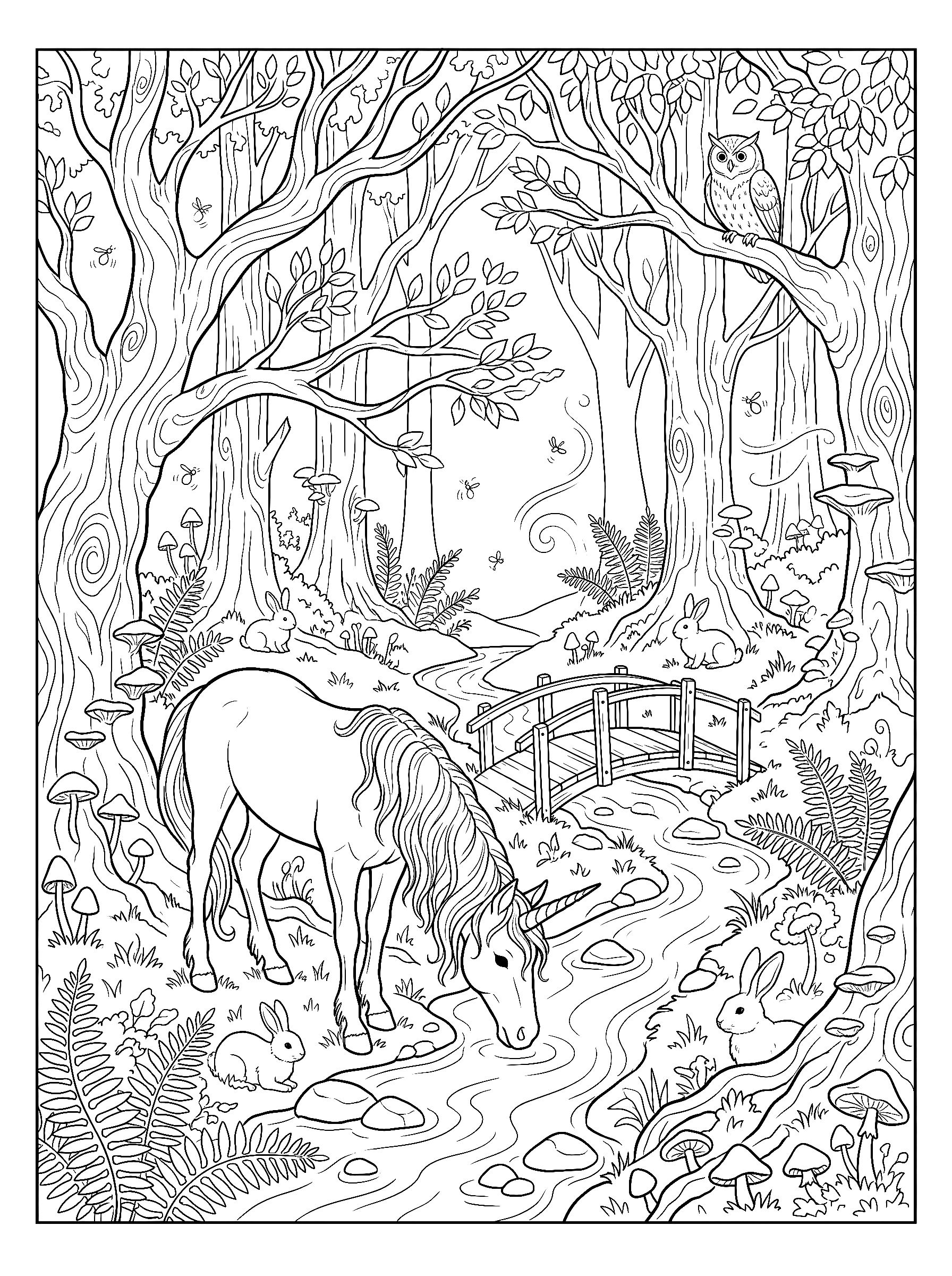 Enchanted forest unicorn coloring page to print