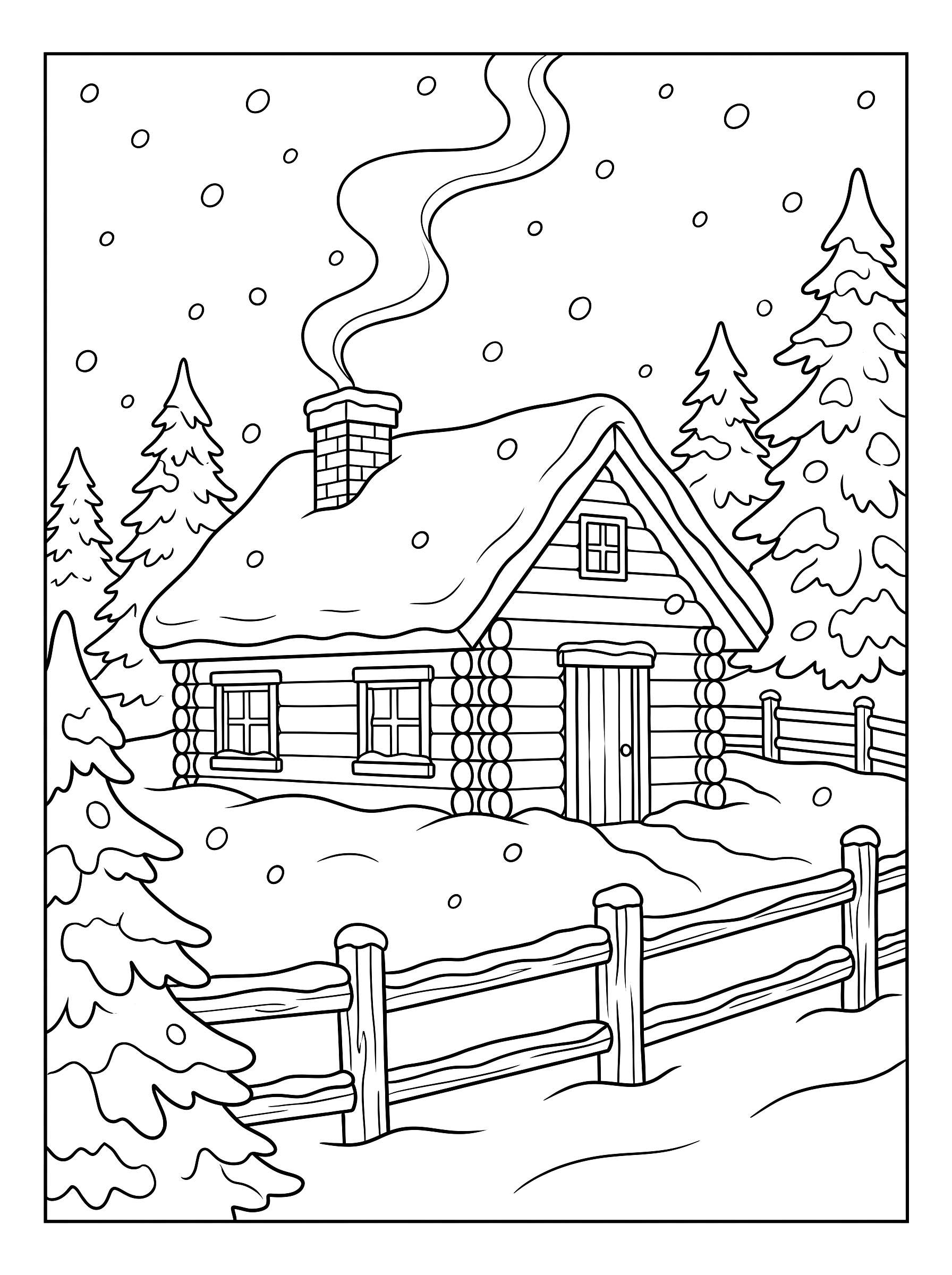 Cabin in the snow coloring page to print