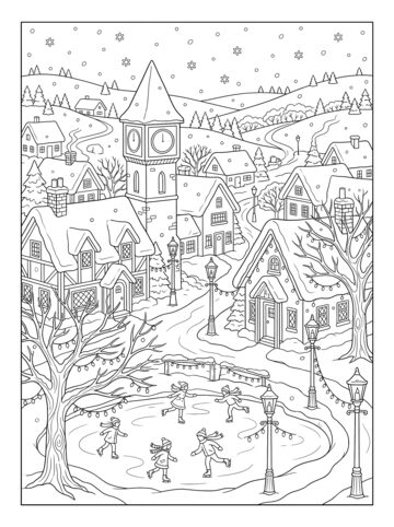 Snowy village coloring page