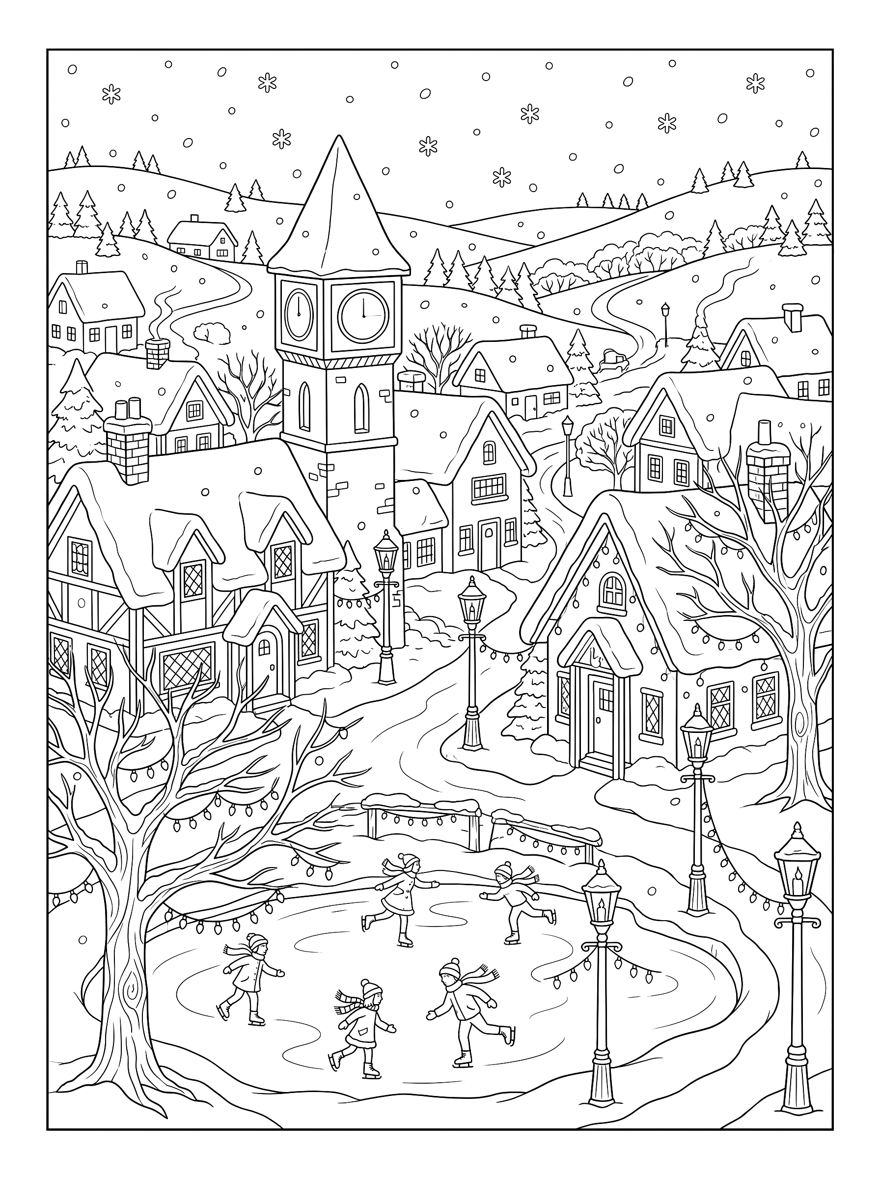 Snowy village coloring page to print