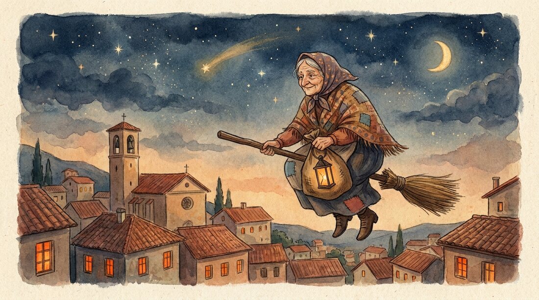La Befana, a kindly old woman in a patched shawl, flying on her broomstick over an Italian hilltop village on a starry January night