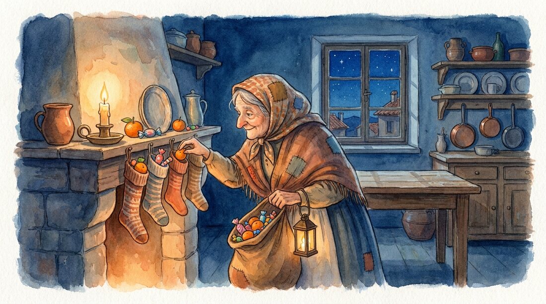 La Befana filling a row of stockings on a mantelpiece with sweets, oranges and tiny candies, candlelight glowing, an old Italian kitchen
