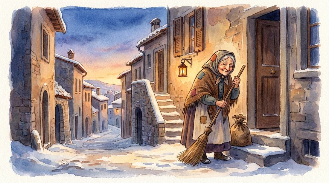 La Befana sweeping a doorstep with her broom at dawn in a snowy Italian lane, smiling kindly, a small sack at her side