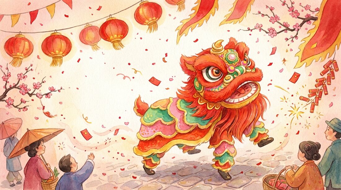 A red and gold lion dance lion leaping through a street hung with red lanterns, bright confetti swirling in the air