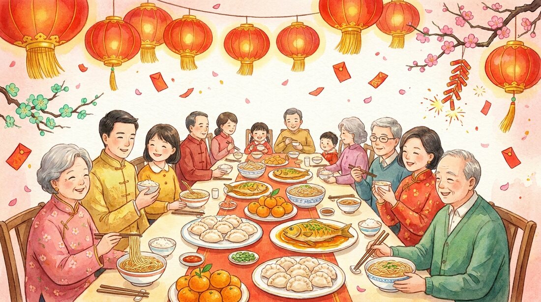 A family reunion dinner table spread with dumplings, fish, noodles and oranges under glowing red lanterns
