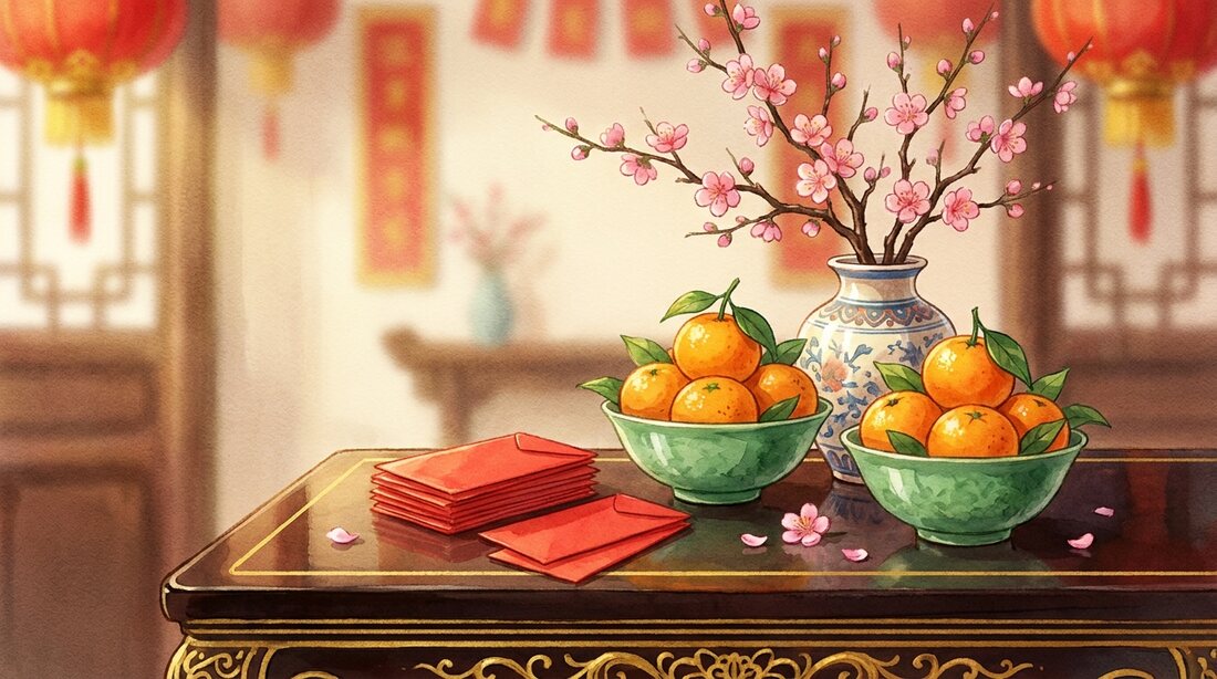 Plain red envelopes with no markings and bowls of mandarin oranges on a lacquered table, plum blossom in a vase