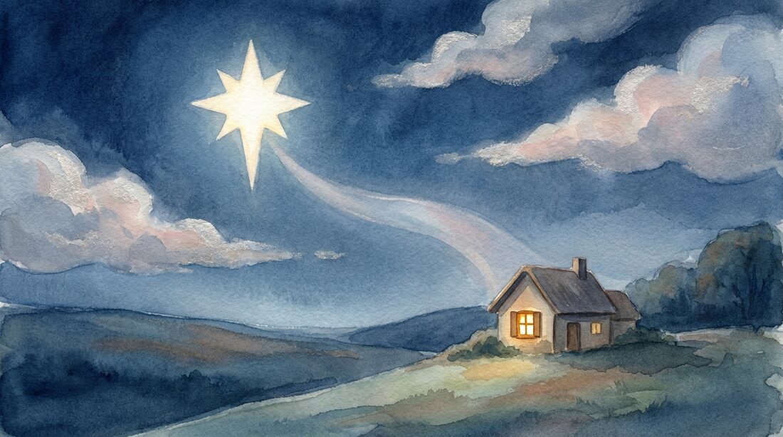 A single bright star shining over a small house at night, one window glowing warmly