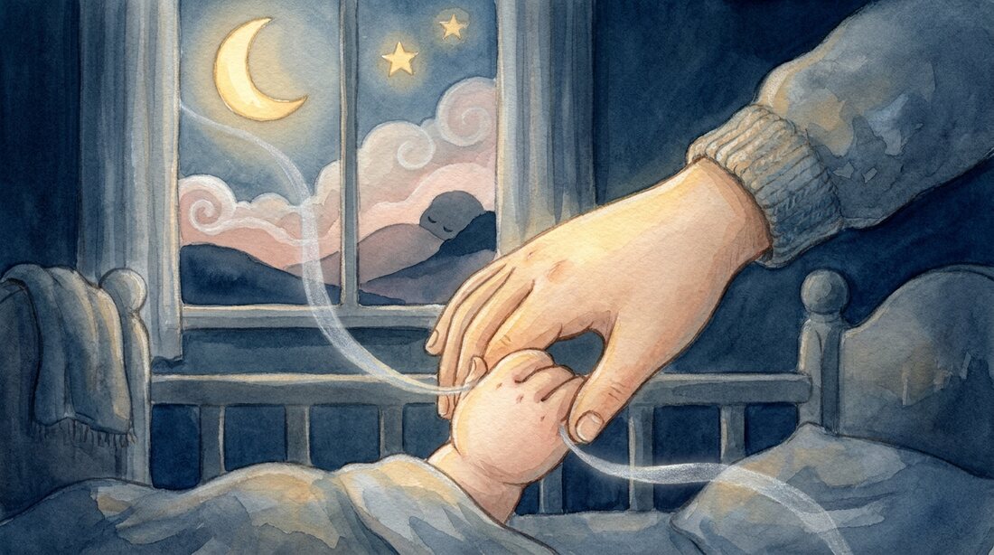 A big sibling's hand gently holding a newborn baby's tiny hand, soft starlight in a quiet nursery
