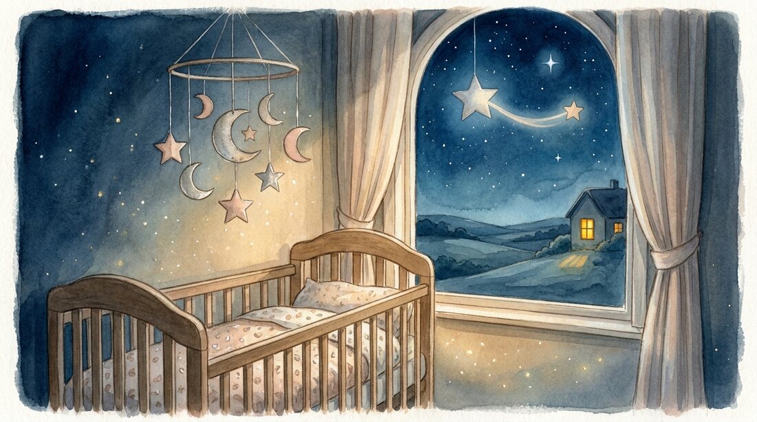 A peaceful nursery at night with a crib, a star-shaped mobile and a soft glow of starlight through the window