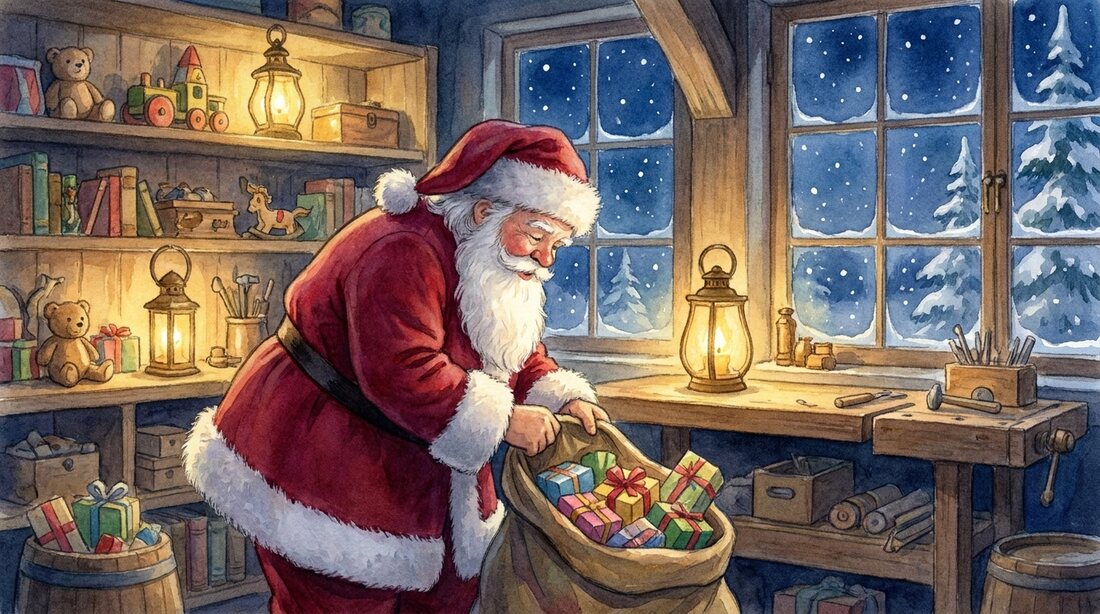 Santa Claus in his workshop at the North Pole, packing wrapped toys into a great sack by the glow of lanterns, snow at the frosted windows