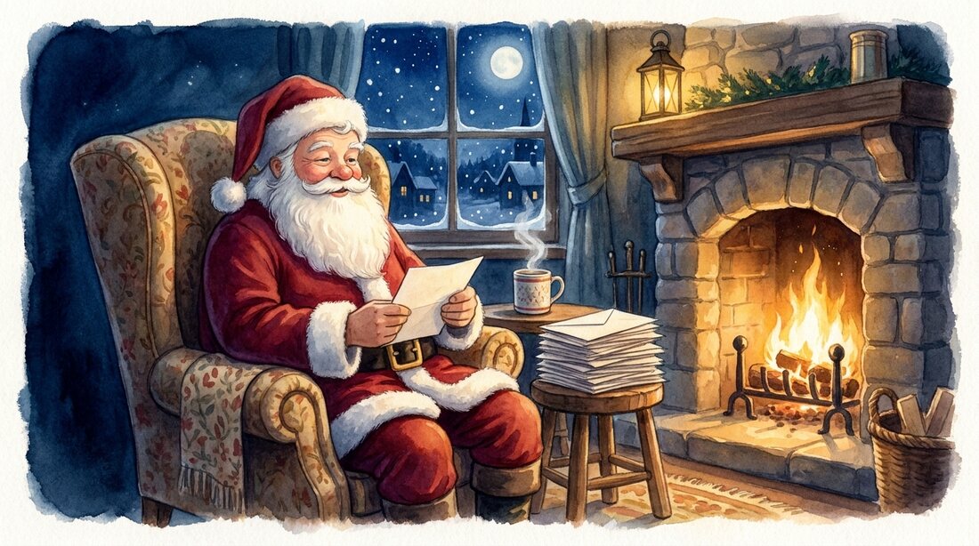 Santa Claus sitting in a big armchair by a crackling fire, reading a pile of children's letters with a gentle smile, a mug of cocoa beside him