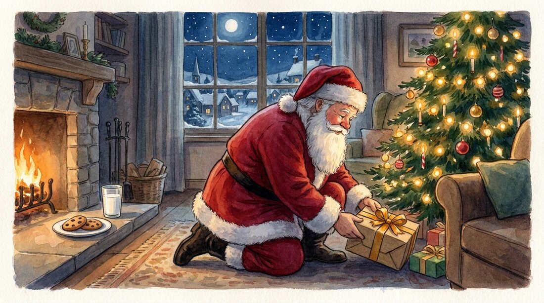 Santa Claus quietly placing wrapped presents under a softly lit Christmas tree in a cosy living room at night, a plate of cookies on the hearth