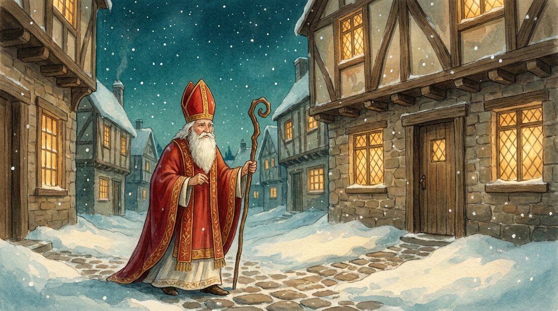 Saint Nicholas in long red robes and a tall red hat, walking with a staff through a snowy old European town at dusk, windows glowing