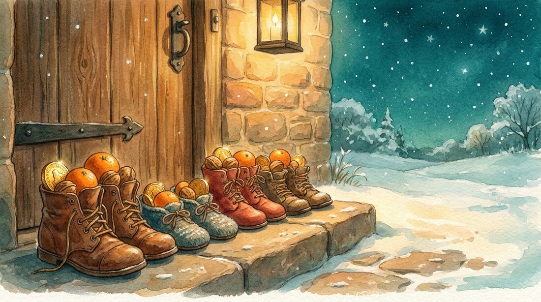 A row of children's shoes and boots set by a front door on a winter night, filled with oranges, walnuts and chocolate coins wrapped in gold foil