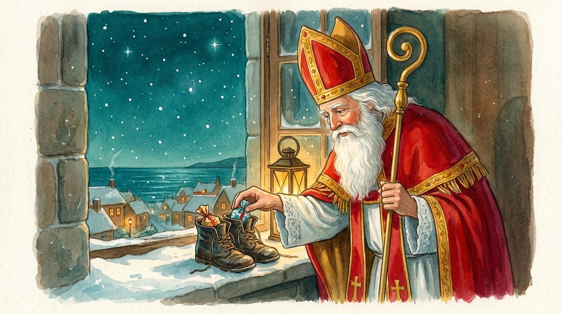 Saint Nicholas leaving small wrapped treats in a pair of little boots on a snowy windowsill under a starry sky