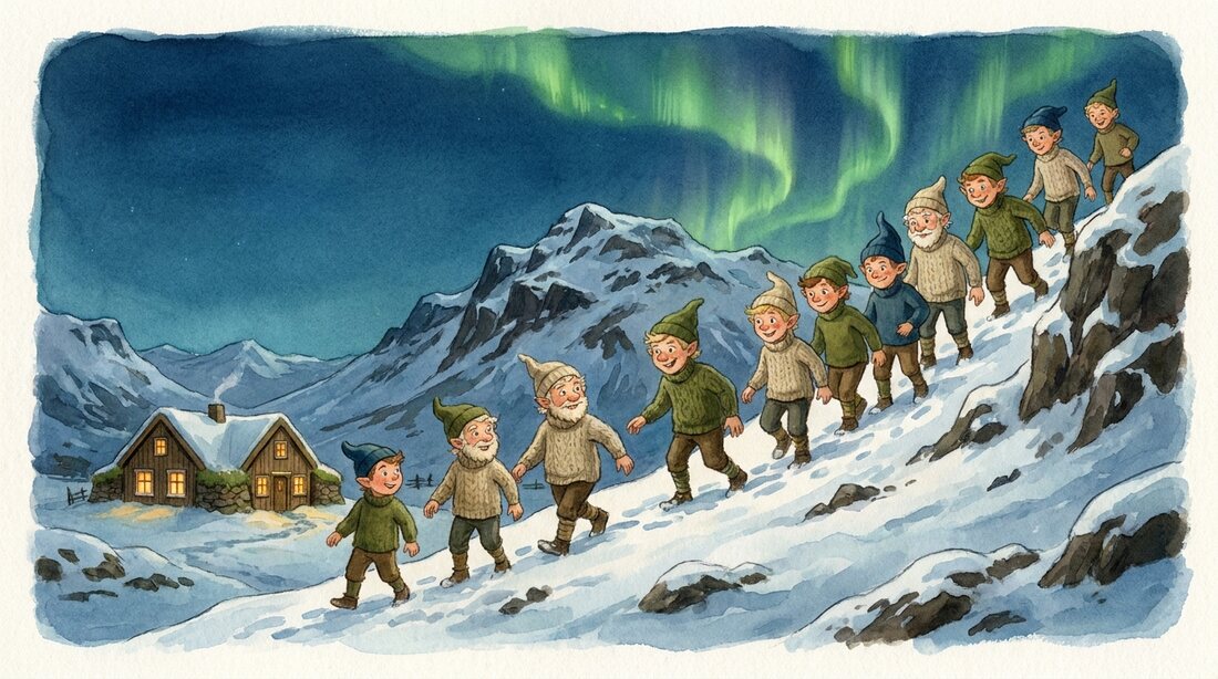Thirteen playful Yule Lads in woolly Icelandic jumpers and caps trooping down a snowy mountain one by one at twilight, mischievous and friendly, not s
