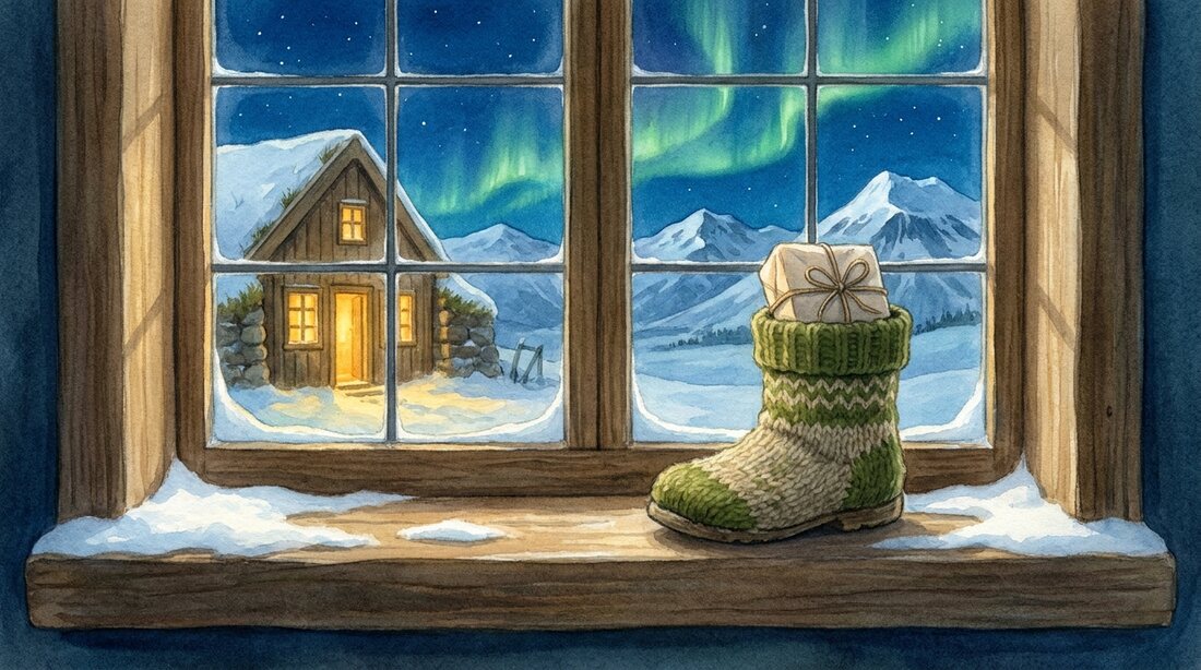 A single child's shoe placed on a snowy windowsill with a small wrapped gift inside, northern lights glowing green in the sky beyond