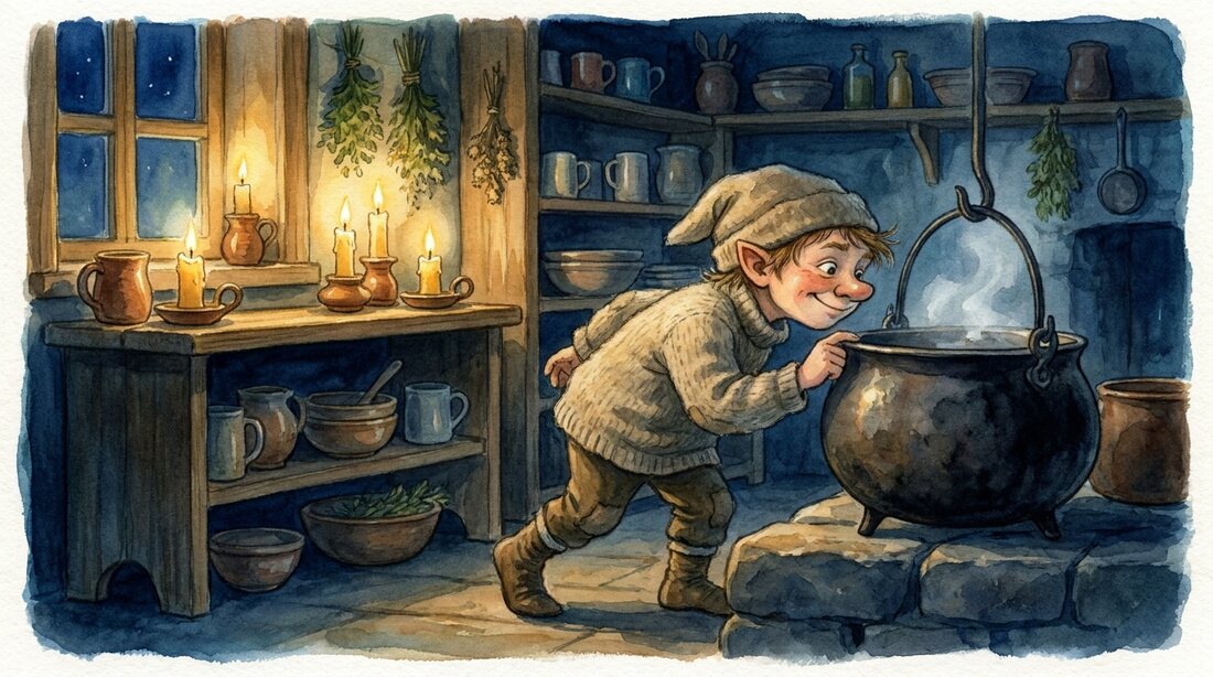 A cheeky Yule Lad tiptoeing through a cosy Icelandic turf-house kitchen at night sniffing a pot, candles flickering, friendly and funny
