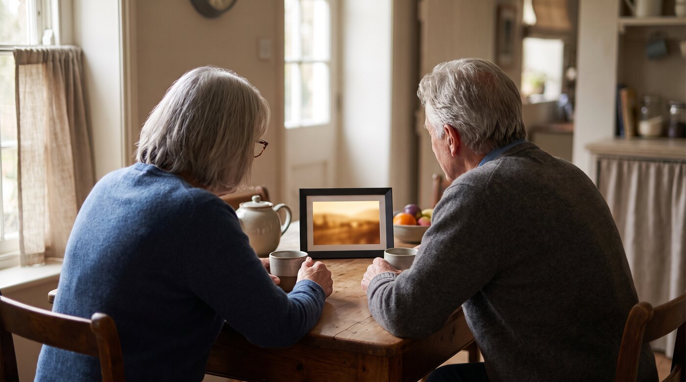 An older couple at a breakfast table looking at a picture frame