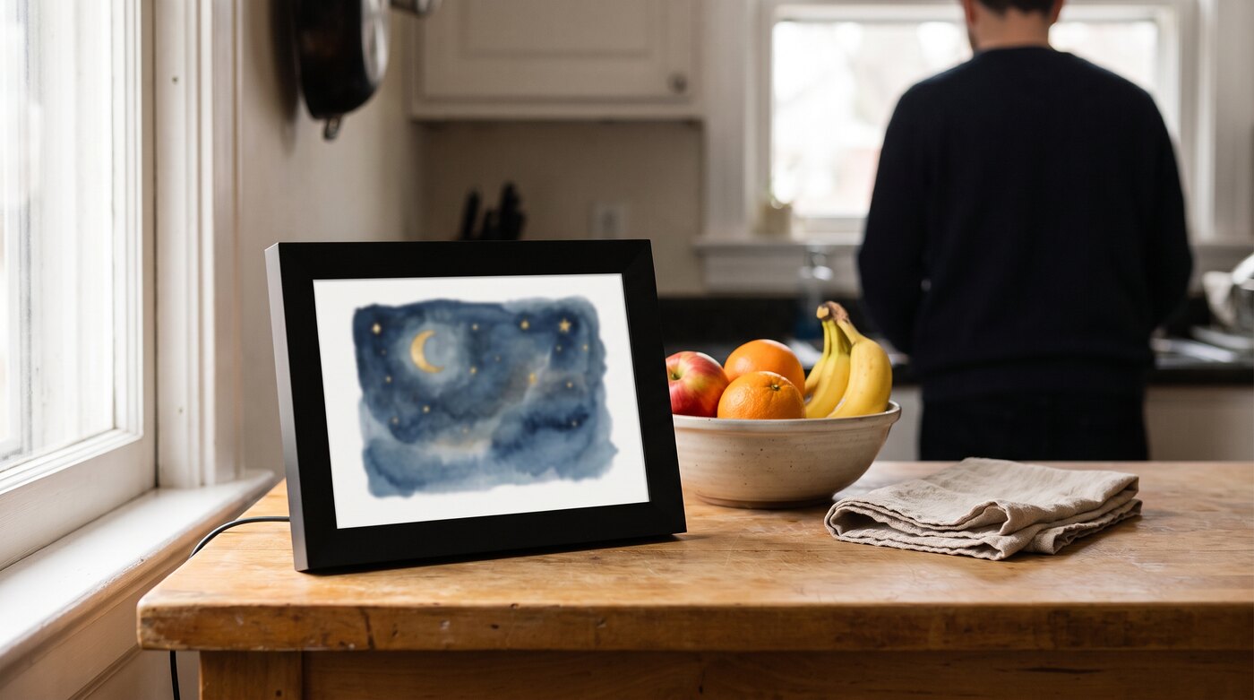 A picture frame on a kitchen counter showing a watercolour night scene