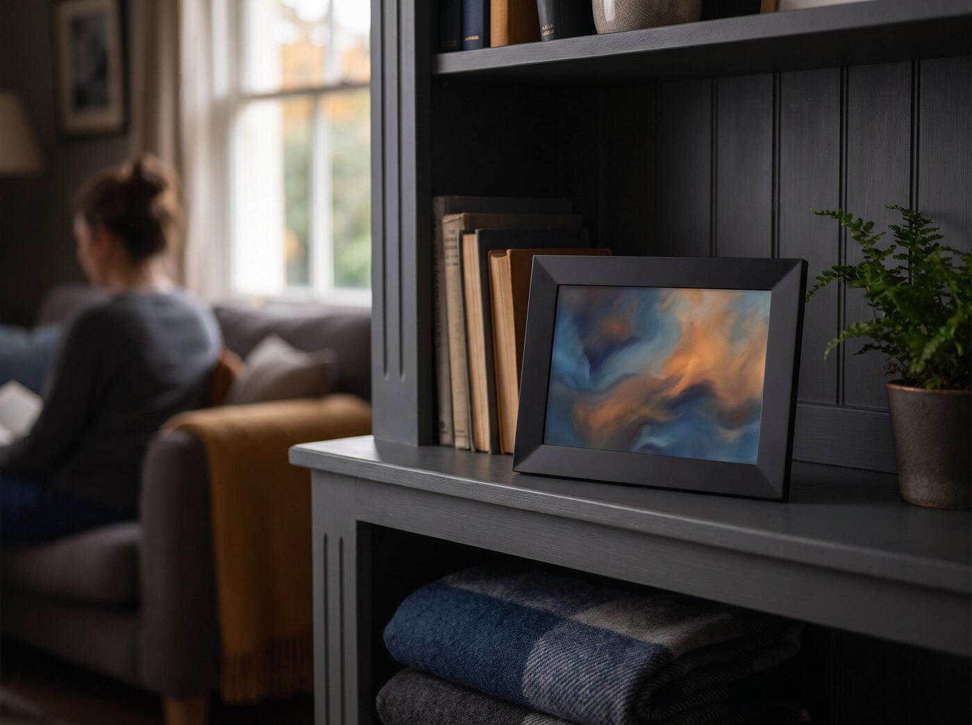 A picture frame on a shelf among books and a plant