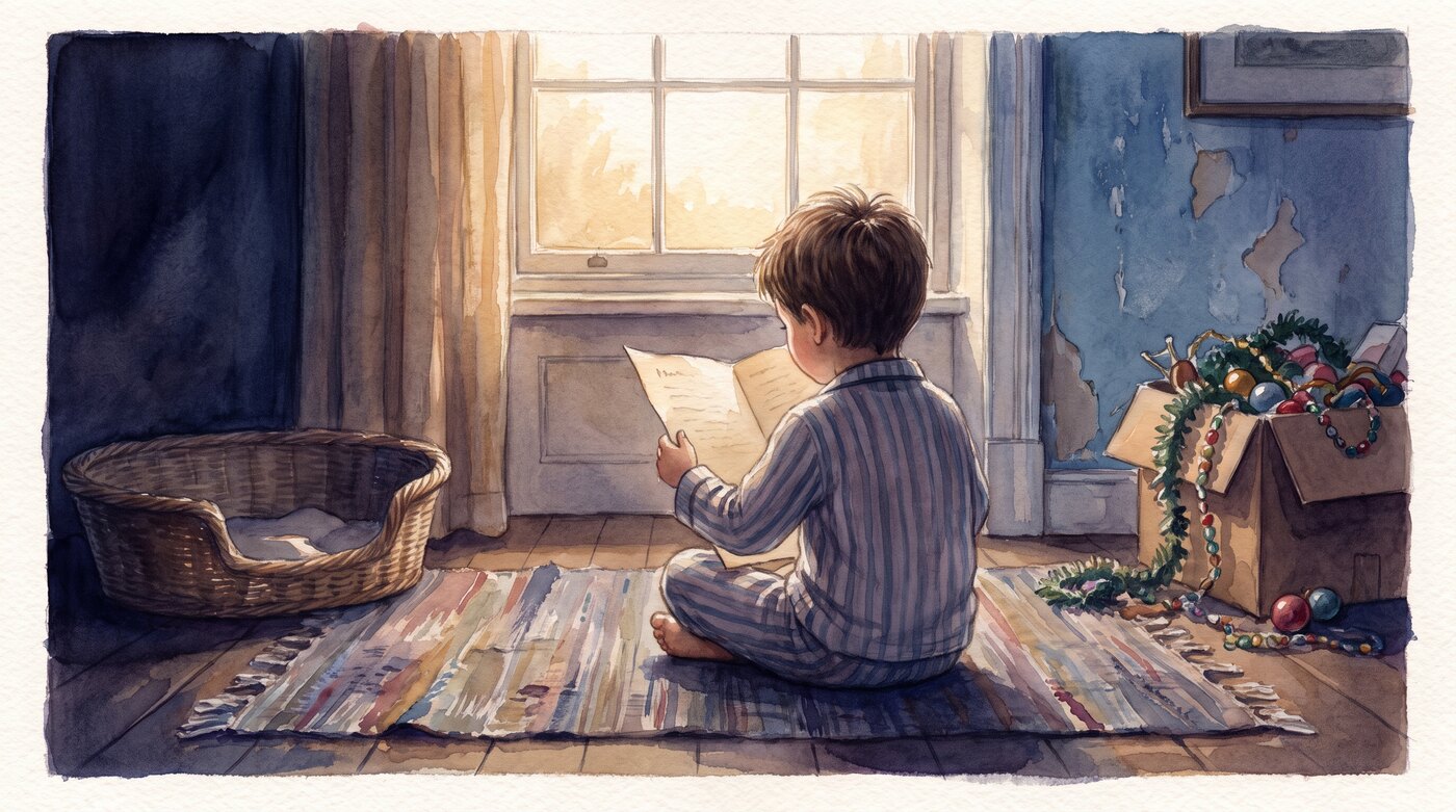 A child sitting on a rug reading a letter in the morning light